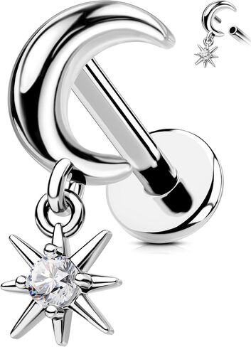 OUFER Body Piercing Moon Helix Piercing Jewelry 16G Dangle Star Helix Earrings for Women Internally Thread Conch Helix Stud Flat Back Earrings Surgical Steel Cartilage Jewelry in Saudi Arabia