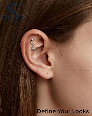 OUFER Body Piercing Moon Helix Piercing Jewelry 16G Dangle Star Helix Earrings for Women Internally Thread Conch Helix Stud Flat Back Earrings Surgical Steel Cartilage Jewelry in Saudi Arabia