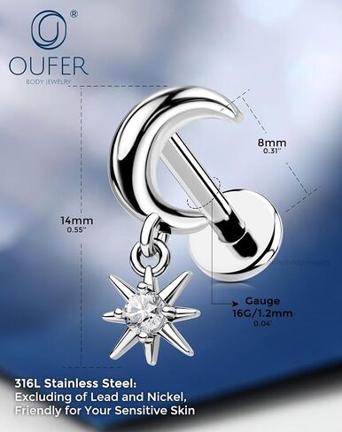 OUFER Body Piercing Moon Helix Piercing Jewelry 16G Dangle Star Helix Earrings for Women Internally Thread Conch Helix Stud Flat Back Earrings Surgical Steel Cartilage Jewelry in Saudi Arabia
