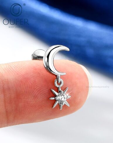 OUFER Body Piercing Moon Helix Piercing Jewelry 16G Dangle Star Helix Earrings for Women Internally Thread Conch Helix Stud Flat Back Earrings Surgical Steel Cartilage Jewelry in Saudi Arabia