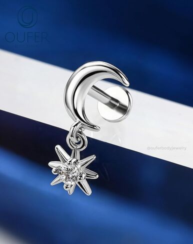 OUFER Body Piercing Moon Helix Piercing Jewelry 16G Dangle Star Helix Earrings for Women Internally Thread Conch Helix Stud Flat Back Earrings Surgical Steel Cartilage Jewelry in Saudi Arabia