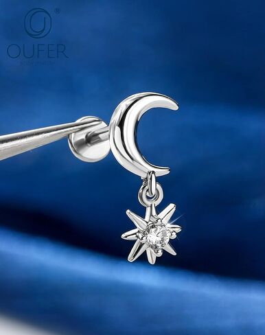 OUFER Body Piercing Moon Helix Piercing Jewelry 16G Dangle Star Helix Earrings for Women Internally Thread Conch Helix Stud Flat Back Earrings Surgical Steel Cartilage Jewelry in Saudi Arabia