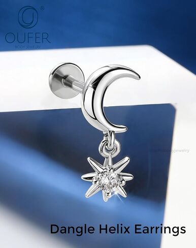 OUFER Body Piercing Moon Helix Piercing Jewelry 16G Dangle Star Helix Earrings for Women Internally Thread Conch Helix Stud Flat Back Earrings Surgical Steel Cartilage Jewelry in Saudi Arabia