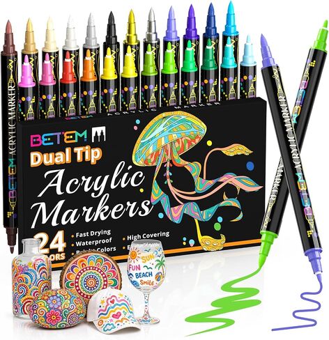 24 Colors Acrylic Paint Markers, Dual Tip Acrylic Paint Pens with Brush Tip and Fine Point, Art Supplies for Rock, Wood, Canvas, Stone, Glass, Ceramic, Rock Painting Kit DIY Crafts Making Drawing Kit in Saudi Arabia
