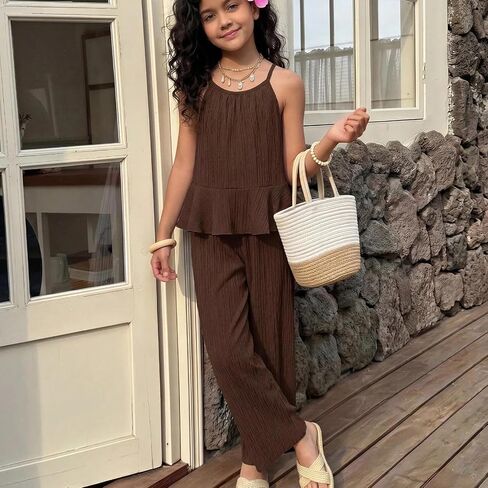 Girls 2 Piece Pants Set Babydoll Ruffle Top Wide-Leg Pants 3D Flower With Pockets Summer Casual Vacation Outfit in Kuwait