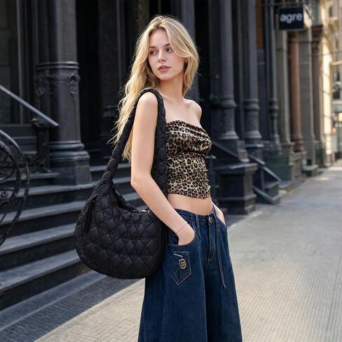 Large Puffer Quilted Crossbody Tote Bag for Women, Lightweight Nylon Puffy Shoulder Hobo Bags for Travel, Daily Use & Work, in Kuwait