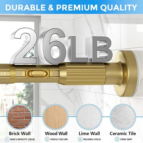 Tension Curtain Rod 42-144 Inches, No Drill Adjustable Spring Tension Rod, Push Button to Lengthen & Release to Lock, Heavy Duty Rust-Resistant for Window Living Room Closet Outdoor, Gold in Saudi Arabia