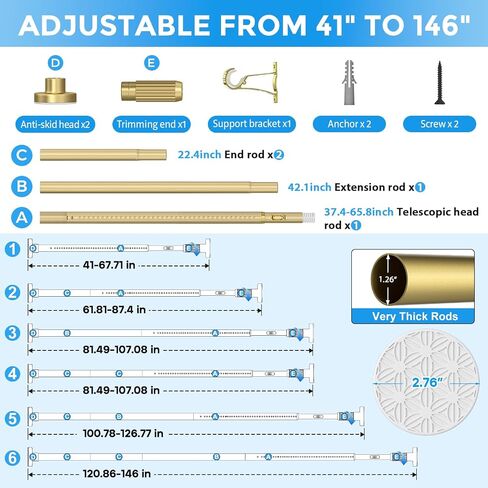 Tension Curtain Rod 42-144 Inches, No Drill Adjustable Spring Tension Rod, Push Button to Lengthen & Release to Lock, Heavy Duty Rust-Resistant for Window Living Room Closet Outdoor, Gold in Saudi Arabia