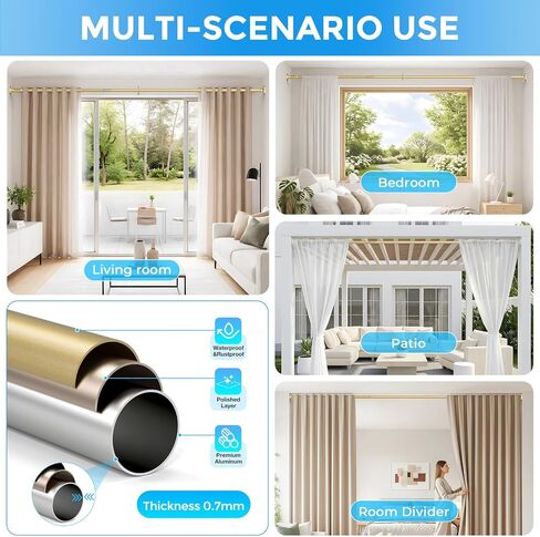 Tension Curtain Rod 42-144 Inches, No Drill Adjustable Spring Tension Rod, Push Button to Lengthen & Release to Lock, Heavy Duty Rust-Resistant for Window Living Room Closet Outdoor, Gold in Saudi Arabia