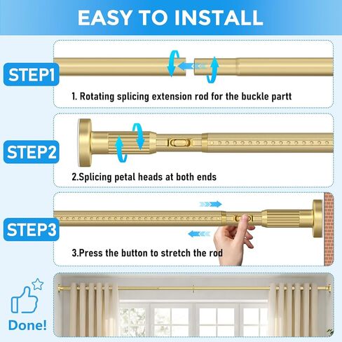 Tension Curtain Rod 42-144 Inches, No Drill Adjustable Spring Tension Rod, Push Button to Lengthen & Release to Lock, Heavy Duty Rust-Resistant for Window Living Room Closet Outdoor, Gold in Saudi Arabia