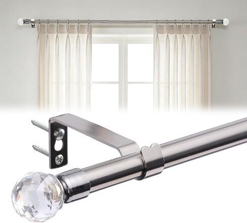 Curtain Rods 5/8 Inch Adjustable Single Rod 28-50 in - Decorative Drapery Pole with Acrylic Diamond Finial for Eyelet Curtains, Silver for Bedroom, Window, Door in Saudi Arabia