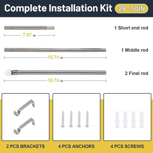Curtain Rods 5/8 Inch Adjustable Single Rod 28-50 in - Decorative Drapery Pole with Acrylic Diamond Finial for Eyelet Curtains, Silver for Bedroom, Window, Door in Saudi Arabia