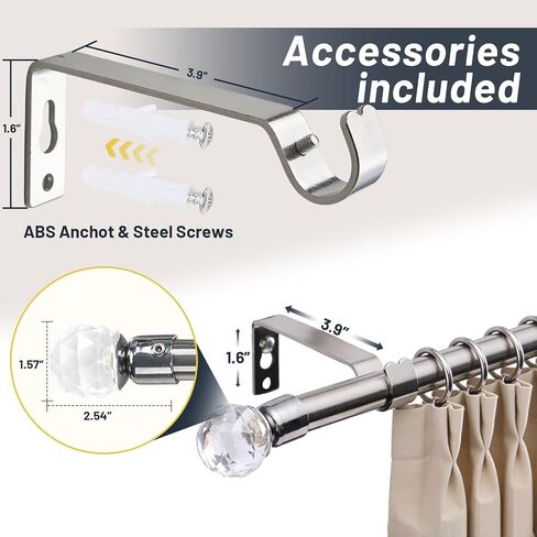 Curtain Rods 5/8 Inch Adjustable Single Rod 28-50 in - Decorative Drapery Pole with Acrylic Diamond Finial for Eyelet Curtains, Silver for Bedroom, Window, Door in Saudi Arabia