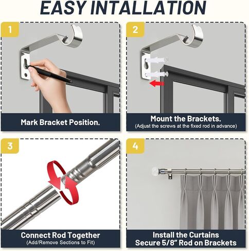 Curtain Rods 5/8 Inch Adjustable Single Rod 28-50 in - Decorative Drapery Pole with Acrylic Diamond Finial for Eyelet Curtains, Silver for Bedroom, Window, Door in Saudi Arabia