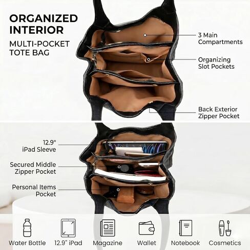MYHOZEE Vegan Leather Tote Bags for Women Multi Pocket Shoulder Purse Triple Compartment Handbags Fits 12.9 Inch Tablet in Saudi Arabia