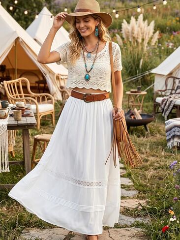 YESSA Womens Boho Tiered Long Maxi Skirt with Pockets,High Waisted Lace Flowy Fairy Skirt,Renaissance Medieval Costume in Saudi Arabia
