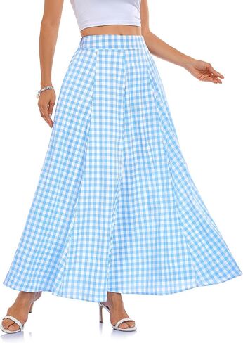 Womens Summer Maxi Skirts Plaid Gingham Long Skirt A Line Pleated Flared Casual Vacation Outfits with Pockets in Saudi Arabia