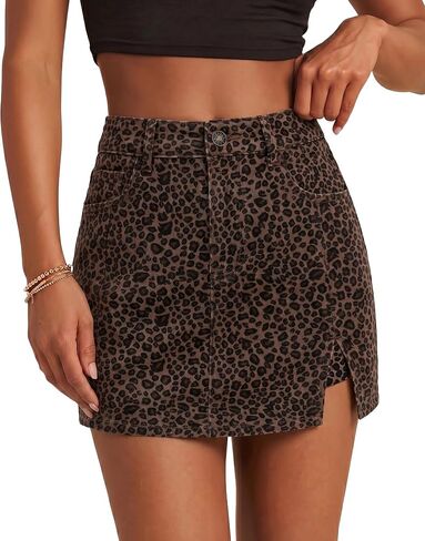 LookbookStore Denim Skorts for Woman Leopard Cheetah Print Mini Skirt with Shorts High Waisted Stretchy Slit Jean Skort in Kuwait