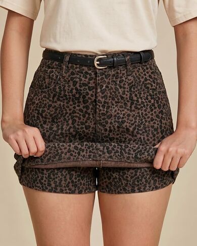 LookbookStore Denim Skorts for Woman Leopard Cheetah Print Mini Skirt with Shorts High Waisted Stretchy Slit Jean Skort in Kuwait