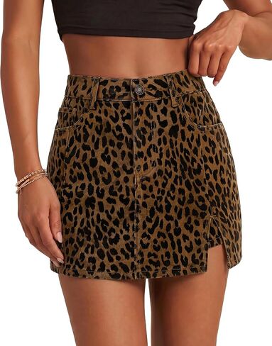LookbookStore Denim Skorts for Woman Leopard Cheetah Print Mini Skirt with Shorts High Waisted Stretchy Slit Jean Skort in Kuwait