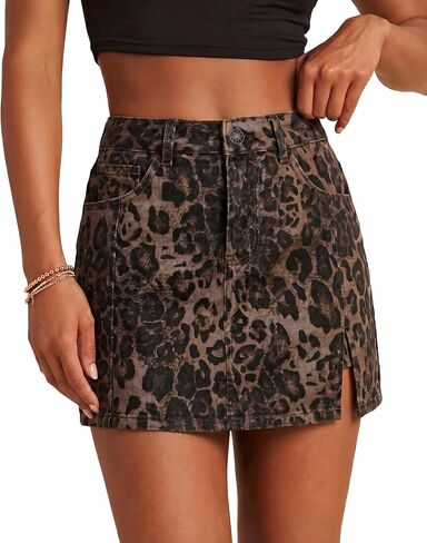 LookbookStore Denim Skorts for Woman Leopard Cheetah Print Mini Skirt with Shorts High Waisted Stretchy Slit Jean Skort in Kuwait