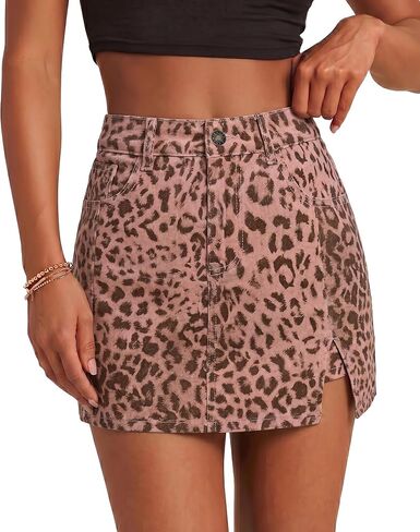 LookbookStore Denim Skorts for Woman Leopard Cheetah Print Mini Skirt with Shorts High Waisted Stretchy Slit Jean Skort in Kuwait