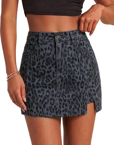 LookbookStore Denim Skorts for Woman Leopard Cheetah Print Mini Skirt with Shorts High Waisted Stretchy Slit Jean Skort in Kuwait