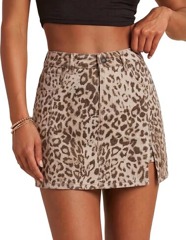 LookbookStore Denim Skorts for Woman Leopard Cheetah Print Mini Skirt with Shorts High Waisted Stretchy Slit Jean Skort in Kuwait
