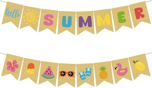Burlap Hello Summer Banner, Hawaiian Beach Tropical Garland Summer Bunting with Sunshine for Pool Beach Party Photo Sign Backdrop Waterproof Outdoor Indoor in Saudi Arabia
