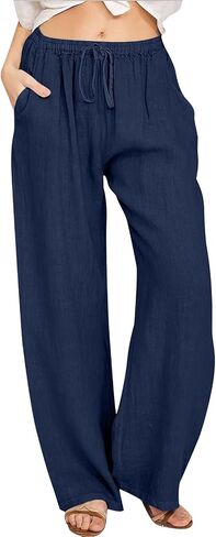 Aniywn Low Rise Linen Pants for Women Summer Drawstring Loose Beach Pants Lightweight Straight Leg Trousers with Pockets in Saudi Arabia