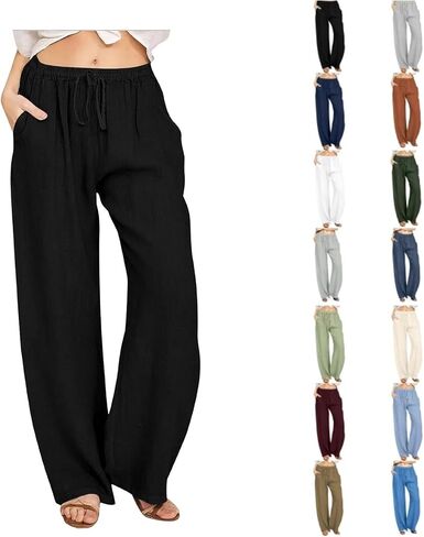 Aniywn Low Rise Linen Pants for Women Summer Drawstring Loose Beach Pants Lightweight Straight Leg Trousers with Pockets in Saudi Arabia