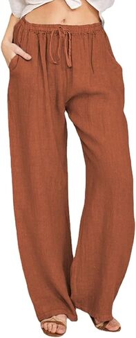 Aniywn Low Rise Linen Pants for Women Summer Drawstring Loose Beach Pants Lightweight Straight Leg Trousers with Pockets in Saudi Arabia