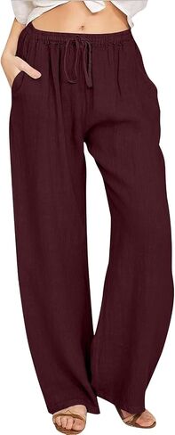 Aniywn Low Rise Linen Pants for Women Summer Drawstring Loose Beach Pants Lightweight Straight Leg Trousers with Pockets in Saudi Arabia