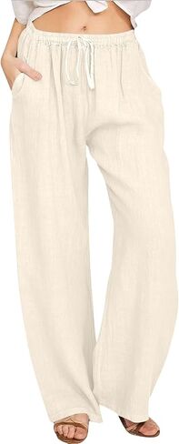 Aniywn Low Rise Linen Pants for Women Summer Drawstring Loose Beach Pants Lightweight Straight Leg Trousers with Pockets in Saudi Arabia