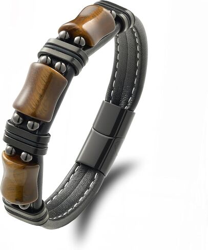 Men's Braided Leather Bracelet with Natural Tiger Eye Stone Handmade Multilayer Woven Wristband with Stainless Steel Clasp Jewelry Gift for Him ﻿ in Saudi Arabia