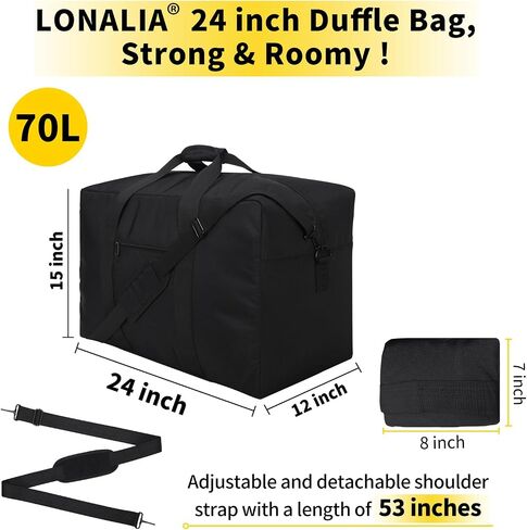 70L Large Duffle Bag for Travel - 24 inch Duffel Bag Heavy Duty Luggage Storage Bag (Black) in Saudi Arabia