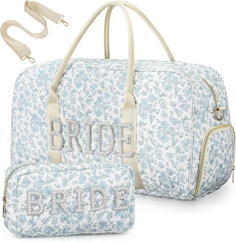 Sadnyy 2 Pcs Bride Travel Bag with Shoes Compartment Bridal Shower Gifts Blue Floral Quilted Tote Makeup Bag Pearl Patch Shoulder Wedding Trunk Keepsake for Bride to Be Honeymoon Engagement Gift in Kuwait