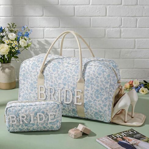 Sadnyy 2 Pcs Bride Travel Bag with Shoes Compartment Bridal Shower Gifts Blue Floral Quilted Tote Makeup Bag Pearl Patch Shoulder Wedding Trunk Keepsake for Bride to Be Honeymoon Engagement Gift in Kuwait