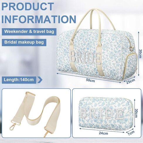Sadnyy 2 Pcs Bride Travel Bag with Shoes Compartment Bridal Shower Gifts Blue Floral Quilted Tote Makeup Bag Pearl Patch Shoulder Wedding Trunk Keepsake for Bride to Be Honeymoon Engagement Gift in Kuwait