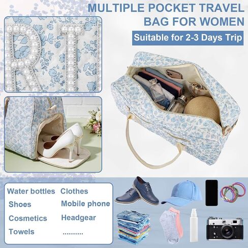 Sadnyy 2 Pcs Bride Travel Bag with Shoes Compartment Bridal Shower Gifts Blue Floral Quilted Tote Makeup Bag Pearl Patch Shoulder Wedding Trunk Keepsake for Bride to Be Honeymoon Engagement Gift in Kuwait