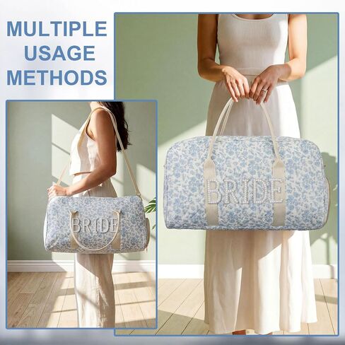 Sadnyy 2 Pcs Bride Travel Bag with Shoes Compartment Bridal Shower Gifts Blue Floral Quilted Tote Makeup Bag Pearl Patch Shoulder Wedding Trunk Keepsake for Bride to Be Honeymoon Engagement Gift in Kuwait