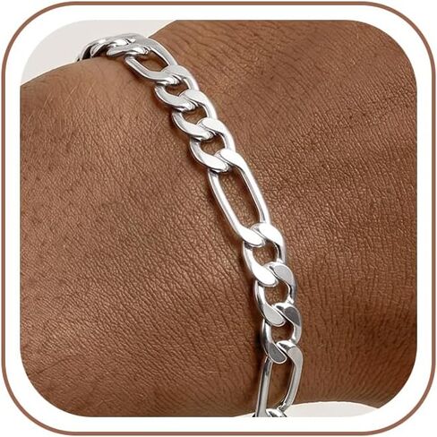 925 Sterling Silver Figaro Link Chain Bracelet for Men Size: 6 mm Wide, 7 to 8.5 IN Exquisite Gifts for Men Father Brother in Saudi Arabia