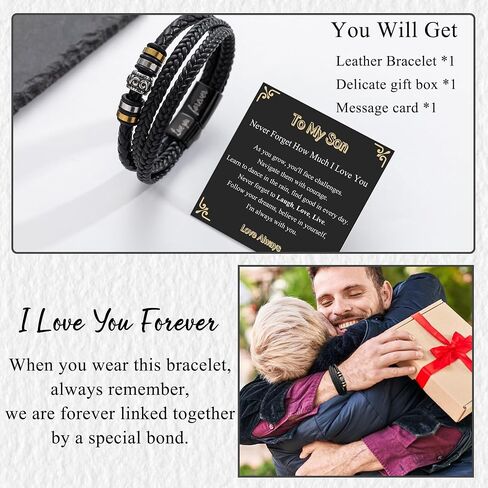 BMMYE Graduation Bracelets Gift for Men Cool Leather Men's Bracelets with Love You Forever Ideas Black Bracelet with Clasp Meaningful Bracelet Gift for Him Christmas Anniversary Birthday Gifts for Him in Saudi Arabia