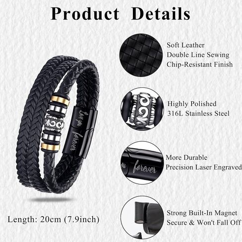 BMMYE Graduation Bracelets Gift for Men Cool Leather Men's Bracelets with Love You Forever Ideas Black Bracelet with Clasp Meaningful Bracelet Gift for Him Christmas Anniversary Birthday Gifts for Him in Saudi Arabia