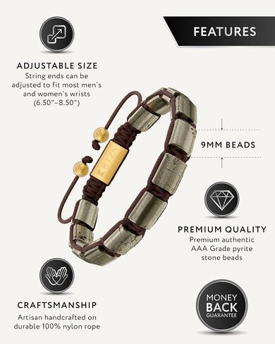 RTZN® Pyrite Bracelet for Men – Premium Artisan Handcrafted Authentic Pyrite Stone Bracelet – Adjustable 8.5mm Men Beaded Bracelet – Symbol of Strength, Good Luck & Ambition in Saudi Arabia
