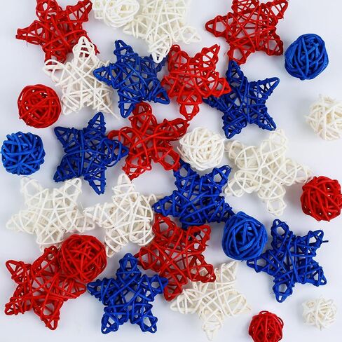 4th of July Star Rattan Balls 27Pcs Patriotic Wicker Stars Red Blue White Wicker Ball 4th of July Vase Filler for Independence Day Home Decor DIY Vase Bowl Filler Ornament Table Decors in Saudi Arabia