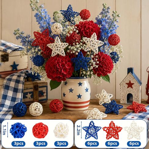4th of July Star Rattan Balls 27Pcs Patriotic Wicker Stars Red Blue White Wicker Ball 4th of July Vase Filler for Independence Day Home Decor DIY Vase Bowl Filler Ornament Table Decors in Saudi Arabia
