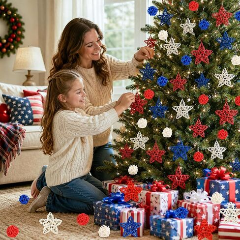 4th of July Star Rattan Balls 27Pcs Patriotic Wicker Stars Red Blue White Wicker Ball 4th of July Vase Filler for Independence Day Home Decor DIY Vase Bowl Filler Ornament Table Decors in Saudi Arabia
