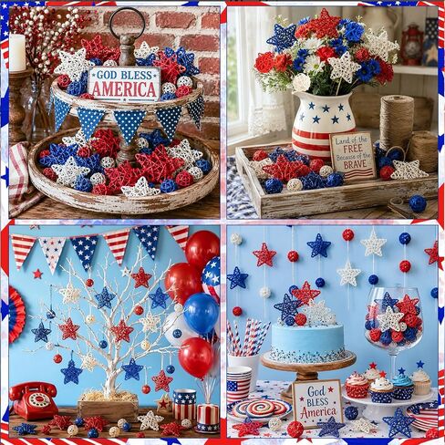 4th of July Star Rattan Balls 27Pcs Patriotic Wicker Stars Red Blue White Wicker Ball 4th of July Vase Filler for Independence Day Home Decor DIY Vase Bowl Filler Ornament Table Decors in Saudi Arabia