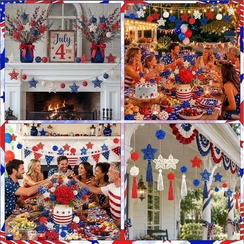 4th of July Star Rattan Balls 27Pcs Patriotic Wicker Stars Red Blue White Wicker Ball 4th of July Vase Filler for Independence Day Home Decor DIY Vase Bowl Filler Ornament Table Decors in Saudi Arabia